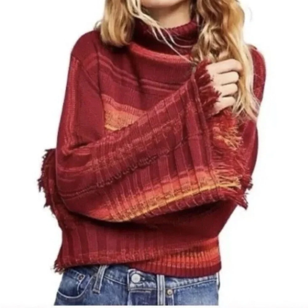 Free People Close To Me Pullover Turtleneck Sweater in  Red Berry Stripe S